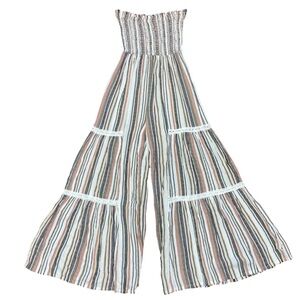 Angie Ivory Green Tan Romper Pant Suit Strapless NWT Small Striped Lace Smock